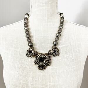 Vintage Metal Hibiscus Flower Beaded Necklace